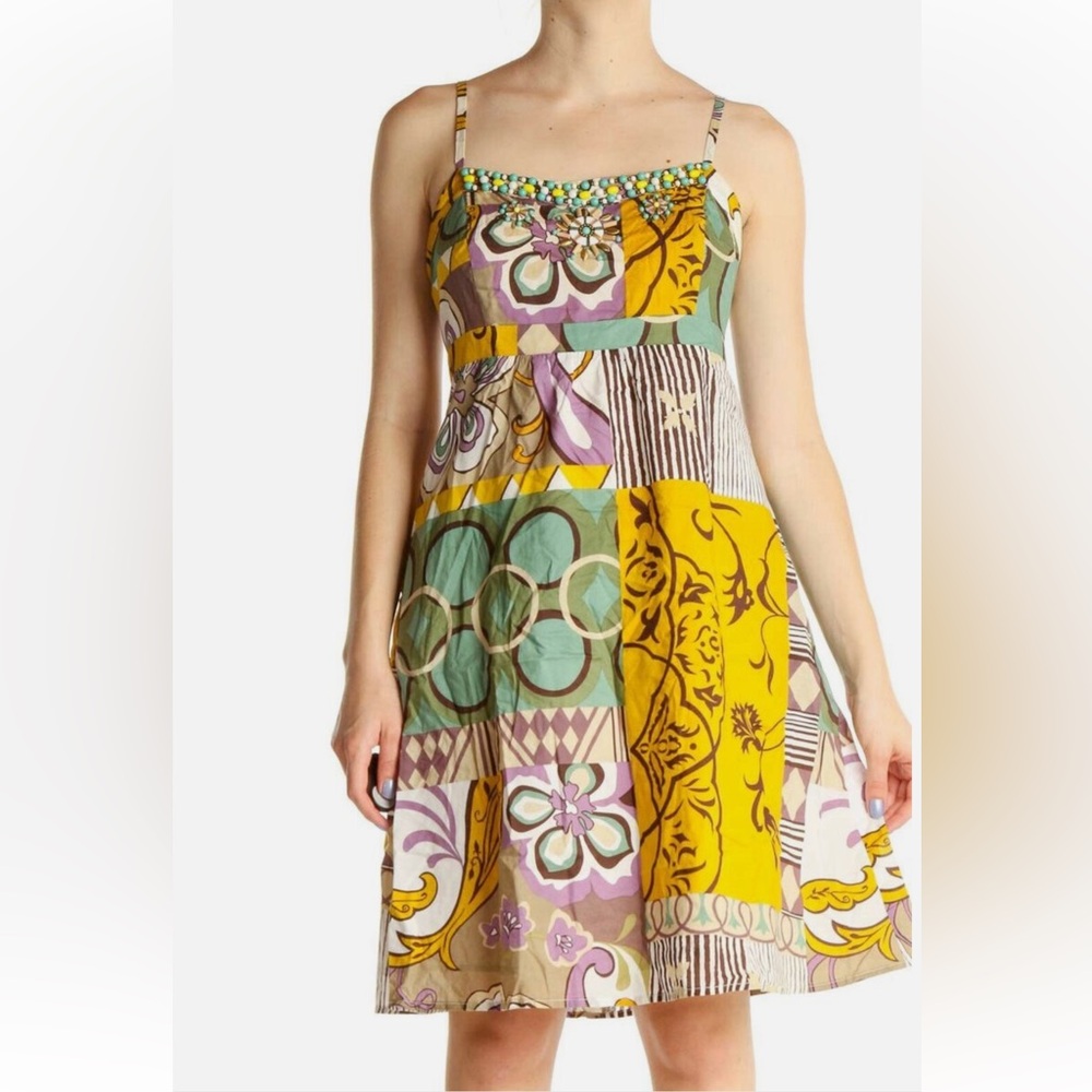 CAbi Beaded Dress with Turquoise and Yellow Accents sz 6